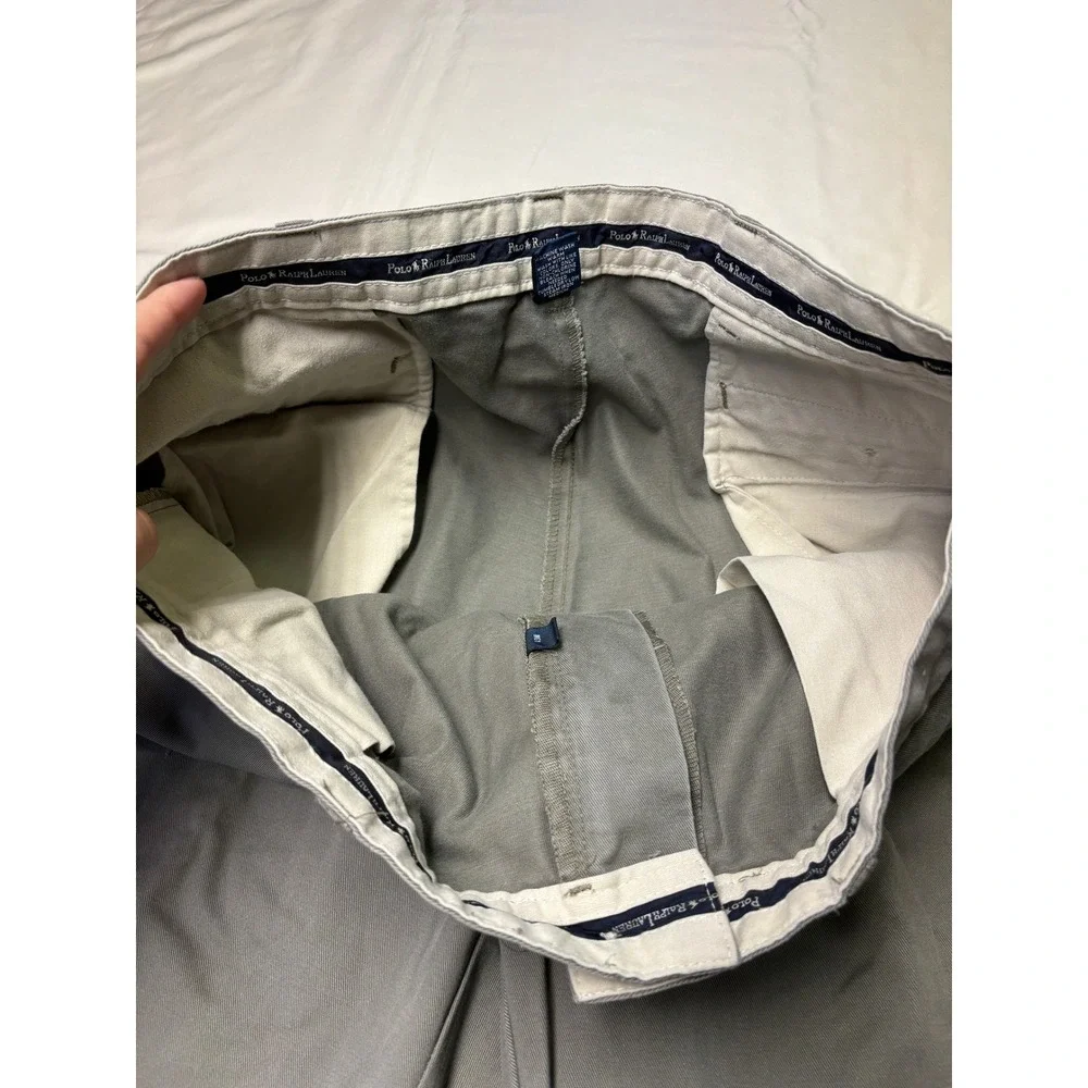 VTG Y2K Polo Ralph Lauren Andrew Pant Mens 38x32 Grey Olive Pleated Chino Cotton